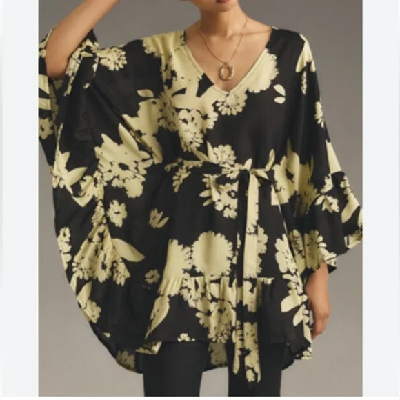 Anthropologie Bel Kazan Tie Ruffle Floral Printed Kaftan - Picture 1 of 16